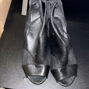 Black Leather Heels with Mesh Design
